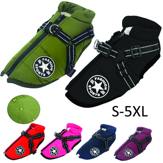 Dog Coat Waterproof with Harness Jacket Raincoat Winter Zip Coats Pet Hole Warm