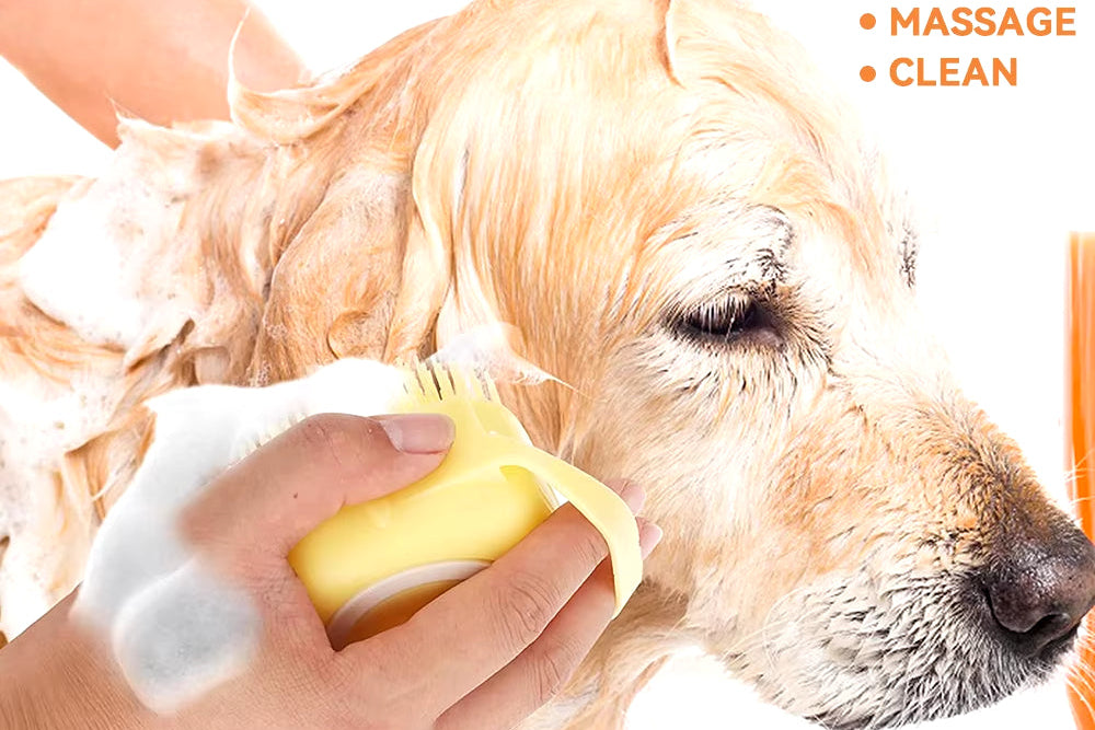 Dog Bathing Brush Pet Massage Brush Shampoo Dispenser Soft Silicone Brush Rubber Bristle for Dogs and Cats Shower Grooming Tool