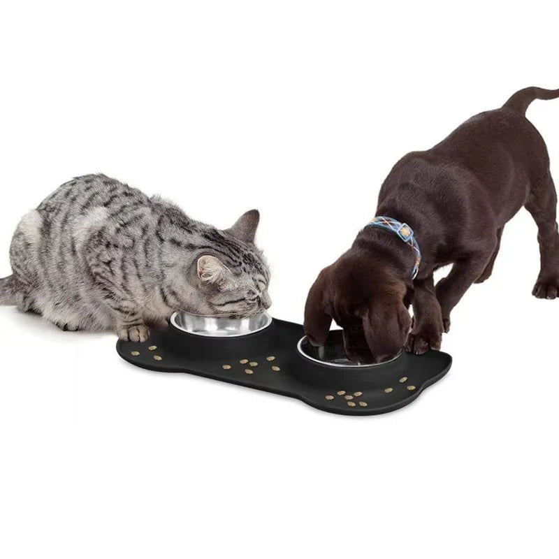 Dog Bowls Stainless Steel Food and Water Bowl Set 2 in 1 No Spill Waterproof Silicone Pet Food Mat