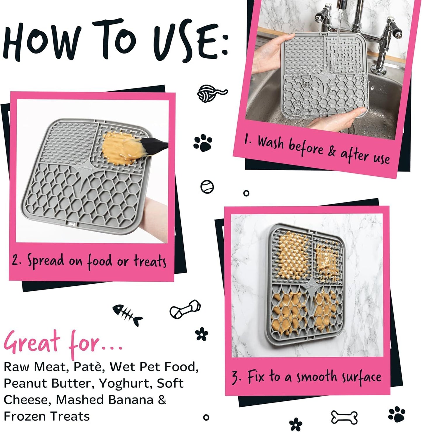 Bugalugs Boredom Breaker Lick Mat, 100% Food Grade Silicone Dog Mat, BPA Free