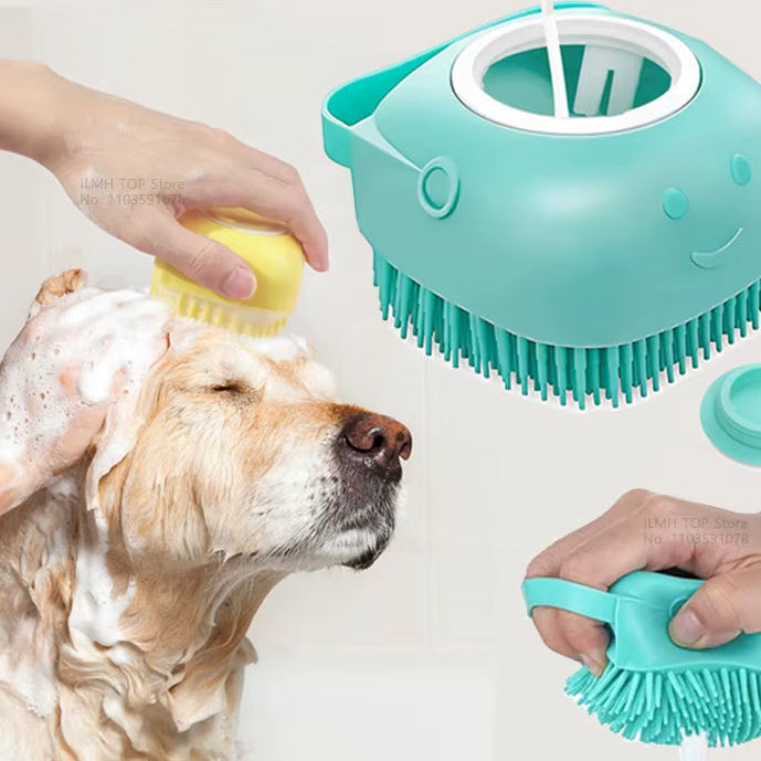 Dog Bathing Brush Pet Massage Brush Shampoo Dispenser Soft Silicone Brush Rubber Bristle for Dogs and Cats Shower Grooming Tool