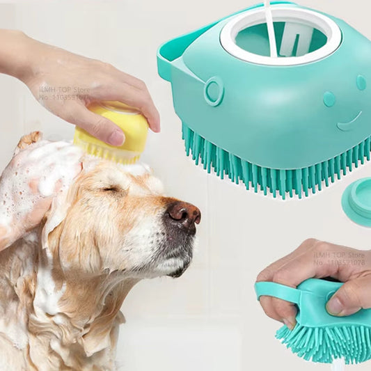 Dog Bathing Brush Pet Massage Brush Shampoo Dispenser Soft Silicone Brush Rubber Bristle for Dogs and Cats Shower Grooming Tool