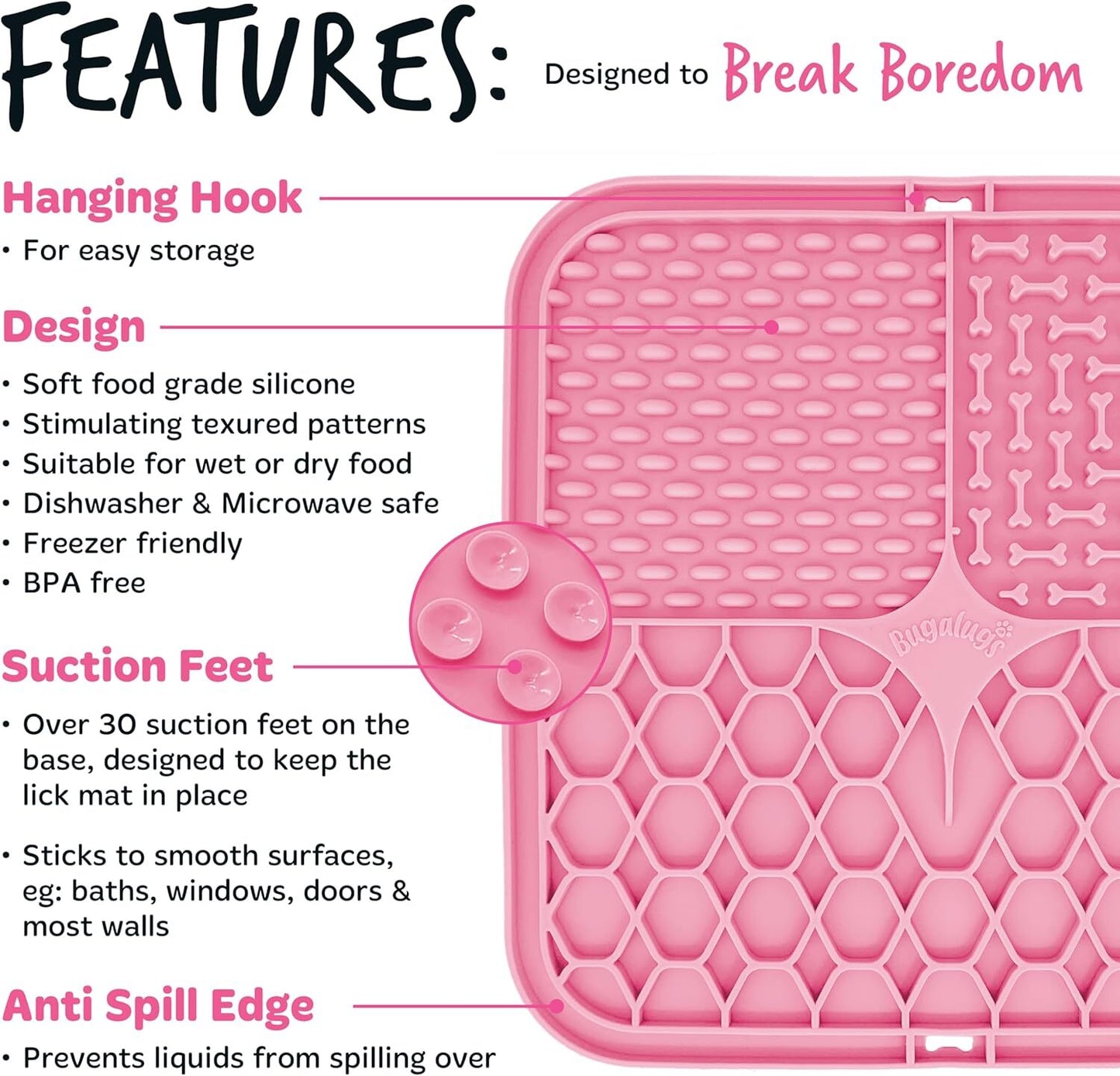 Bugalugs Boredom Breaker Lick Mat, 100% Food Grade Silicone Dog Mat, BPA Free